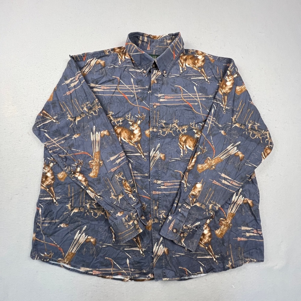 Gallop Button Down Shirt Mens XXL Blue Deer Bow Arrow Print Long Sleeve Hunting